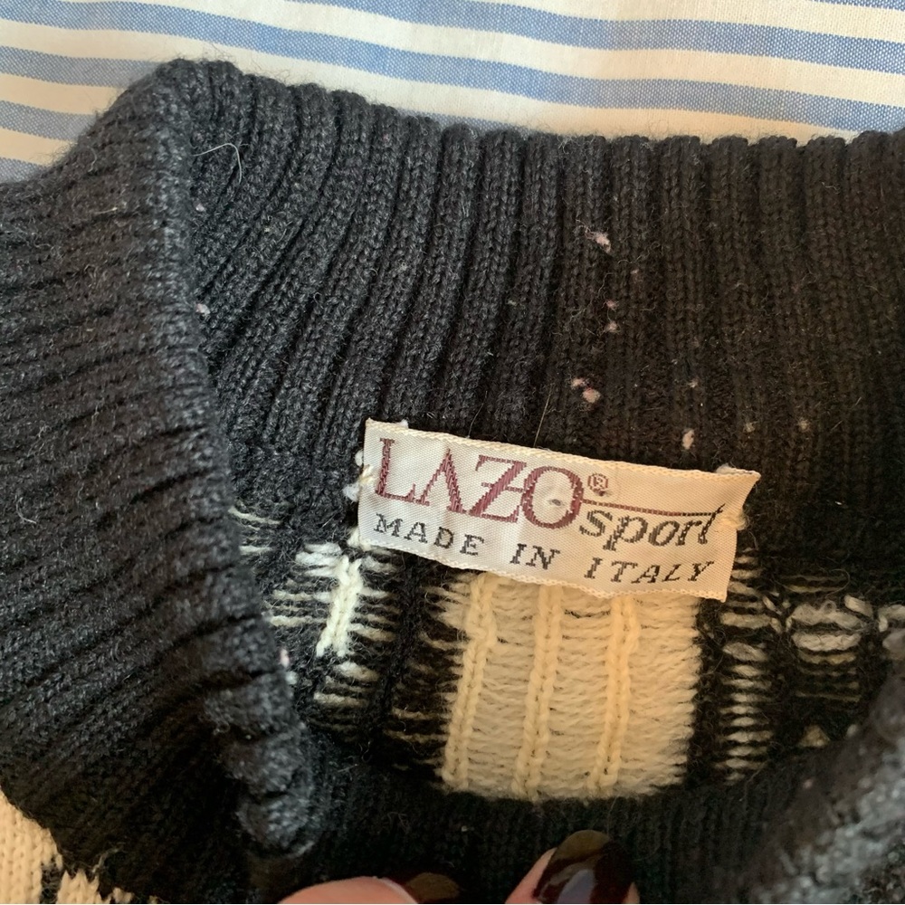 Vintage 80s Italian Graphic Knit Sweater Black and White - Picture 2 of 5